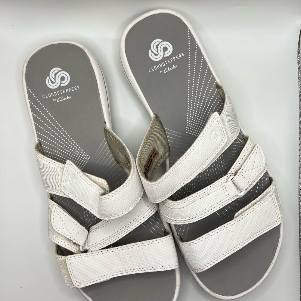 Clarks® Cloudsteppers Breeze Piper Women's Slide Sandals Gray and White - Picture 3 of 8